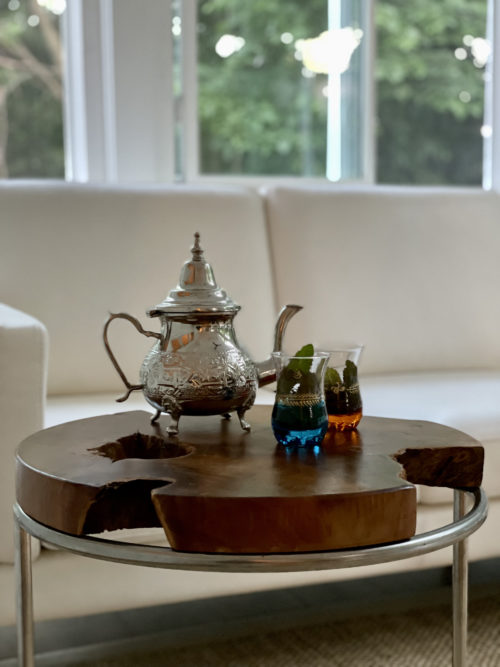 Wood coffee table in a modern living room
